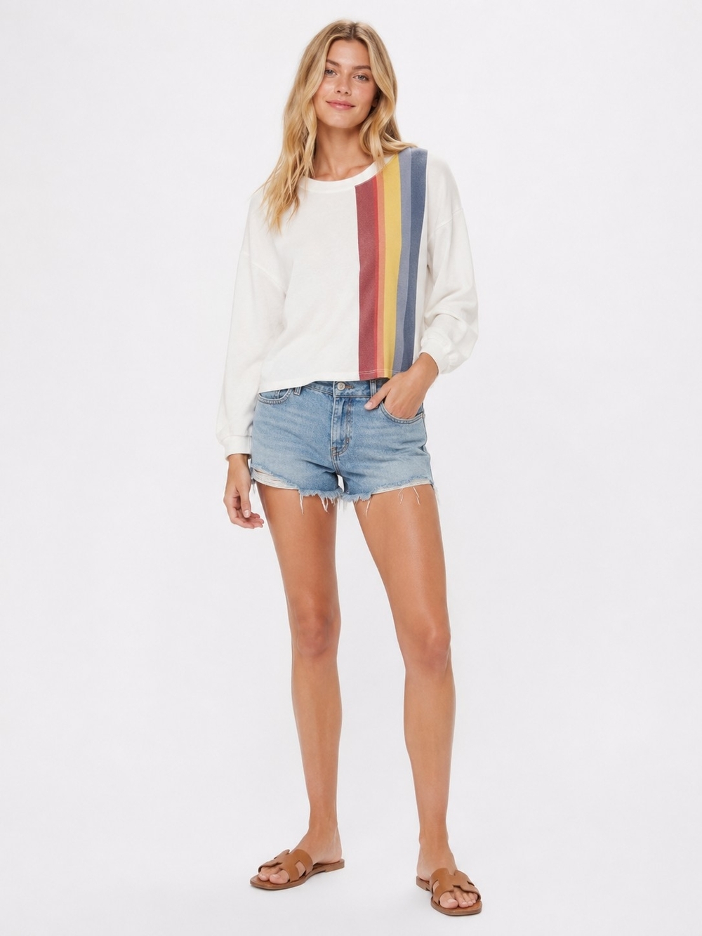 Marine Layer Tate Crop Sweatshirt Women's Size M White Rainbow-Hued Stripe Retro